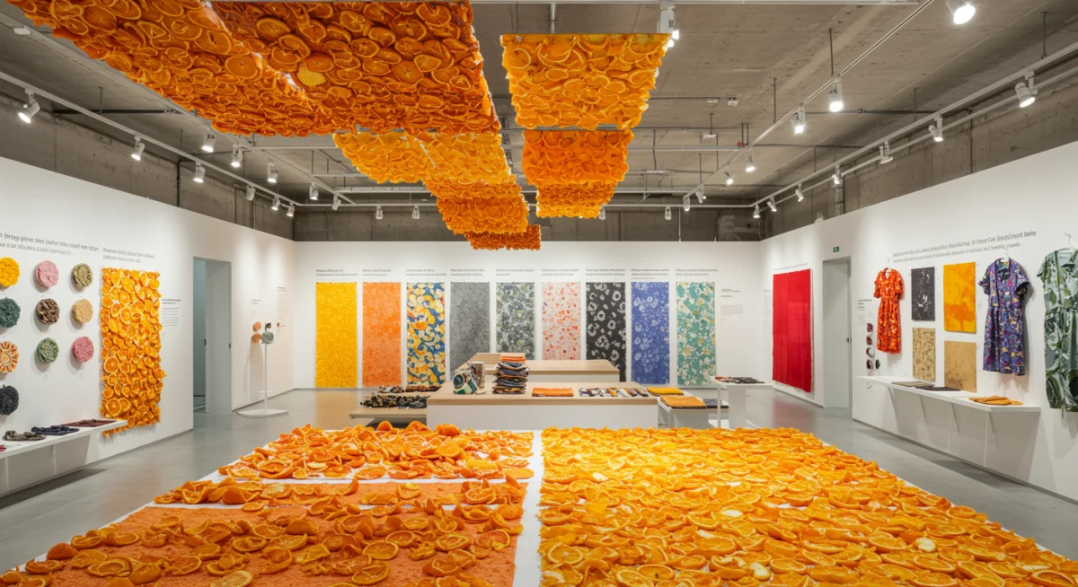 Materiales textiles innovadores de cáscara de naranja y posos de café en un showroom de moda sostenible en España.