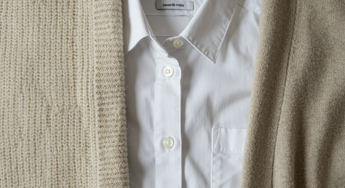 Detalle de texturas de tejidos superpuestos: lana fina, algodón y cachemira, mostrando calidad.