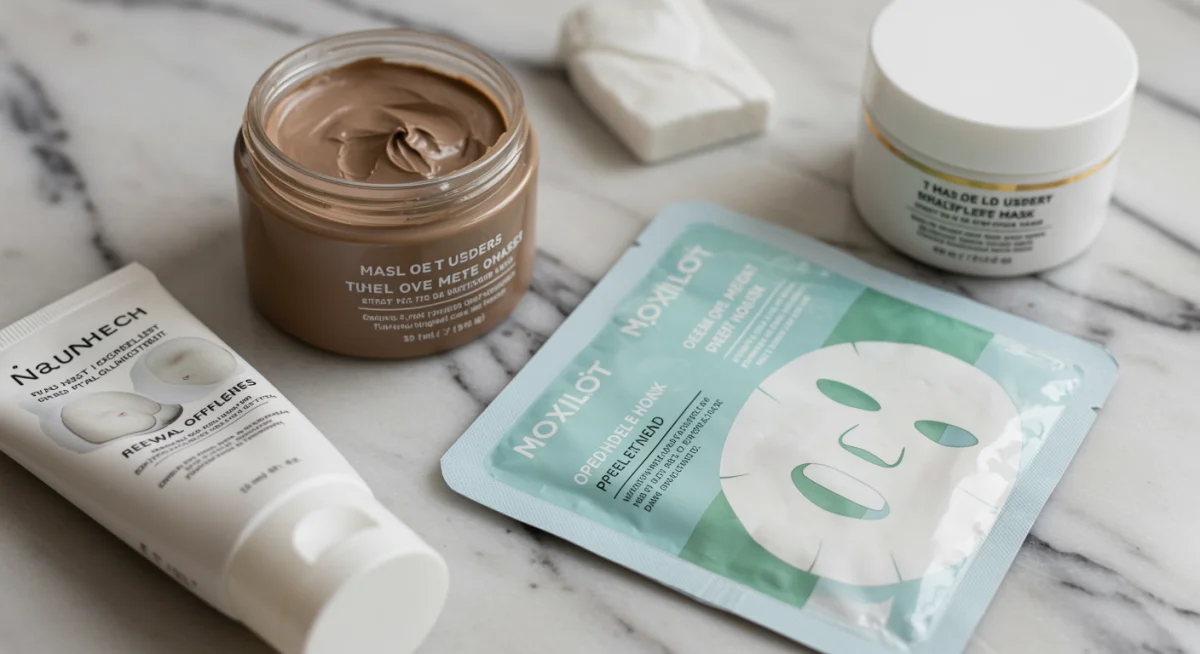 Diferentes tipos de mascarillas faciales: de arcilla, de tela y peel-off, sobre una superficie de mármol.