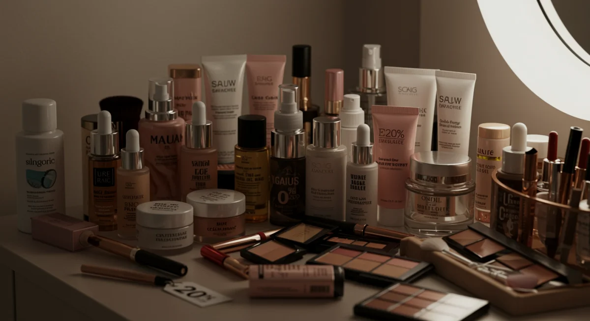 Tocador organizado con productos de belleza y etiquetas de '20% de descuento', representando planificación de compras.