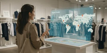 Transparencia en la cadena de suministro: 4 marcas españolas líderes en 2025 Mujer examinando un mapa digital de la cadena de suministro de una prenda en una tienda de moda sostenible.