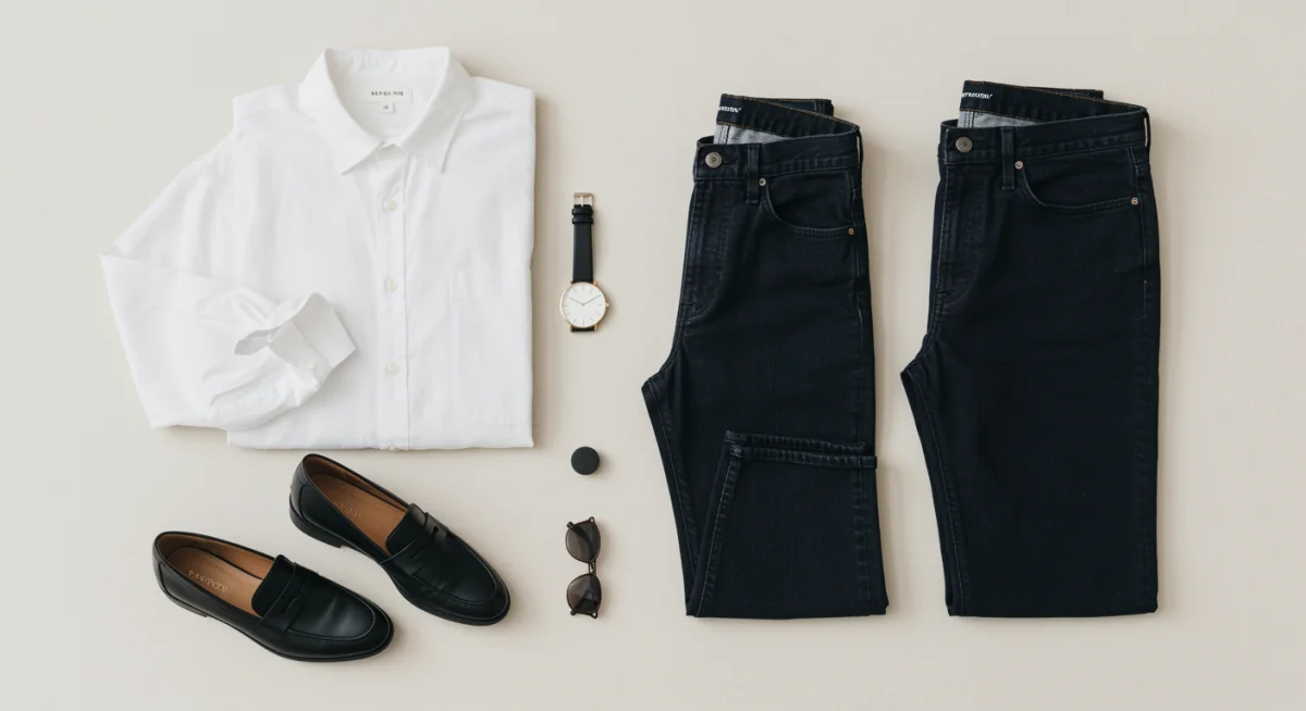 Combinación de uniforme personal con camisa blanca, vaqueros y mocasines