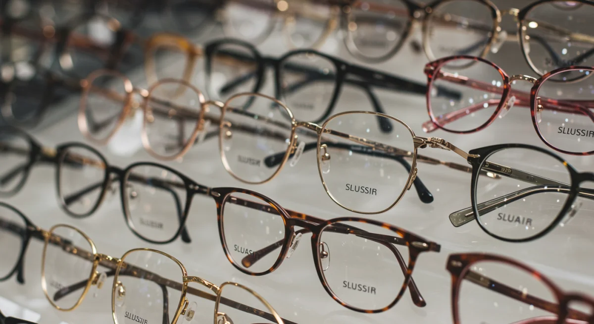 Variedad de monturas de gafas: redondas, cuadradas, aviador y ojo de gato, mostrando la diversidad de estilos.