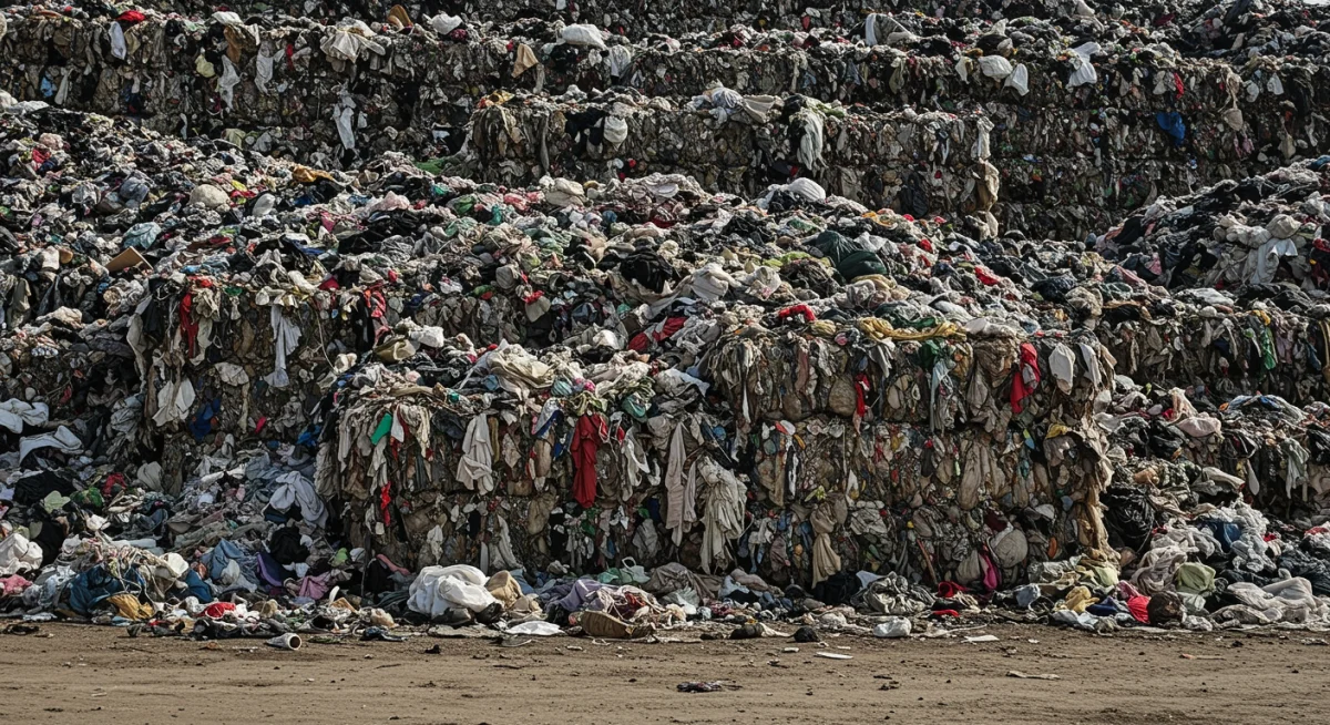 Montañas de ropa desechada en un vertedero, símbolo del impacto ambiental de la moda rápida.