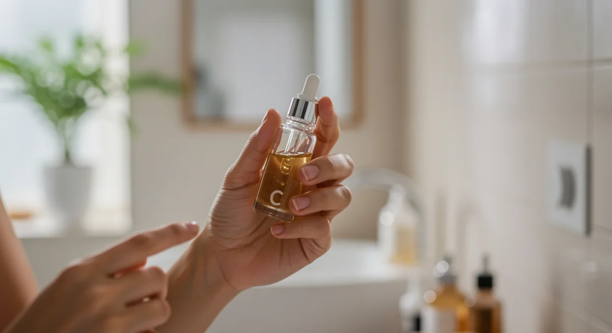 Mujer aplicando sérum facial natural con ácido hialurónico y vitamina C para una piel radiante y saludable.