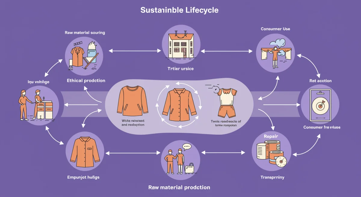 Diagrama del ciclo de vida de una prenda sostenible, desde la materia prima hasta el reciclaje, destacando la circularidad y la transparencia.