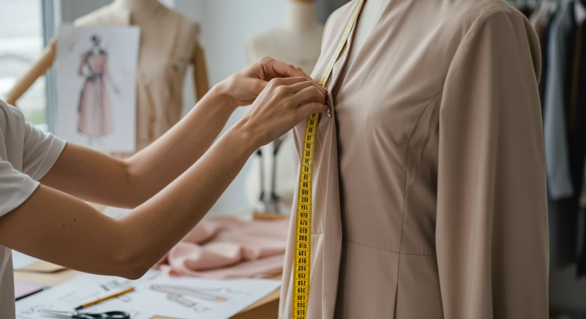 Diseñador ajustando un vestido en un estudio, con bocetos y telas alrededor.