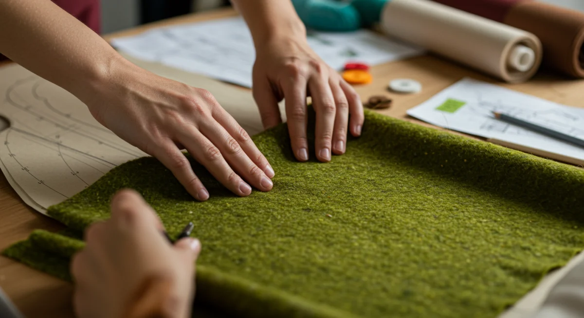 Diseñador trabajando con un innovador tejido sostenible derivado de residuos de frutas, mostrando textura y flexibilidad.