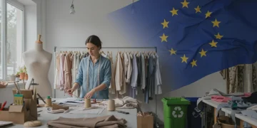 Diseñadora de moda trabajando en un taller sostenible en España, rodeada de tejidos naturales y enfocada en la circularidad.