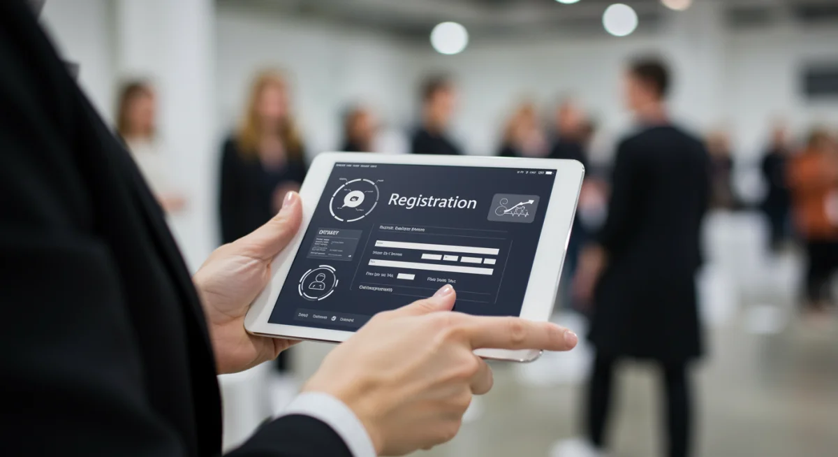 Profesional utilizando un tablet con herramientas digitales para la gestión de contactos en un evento de moda.