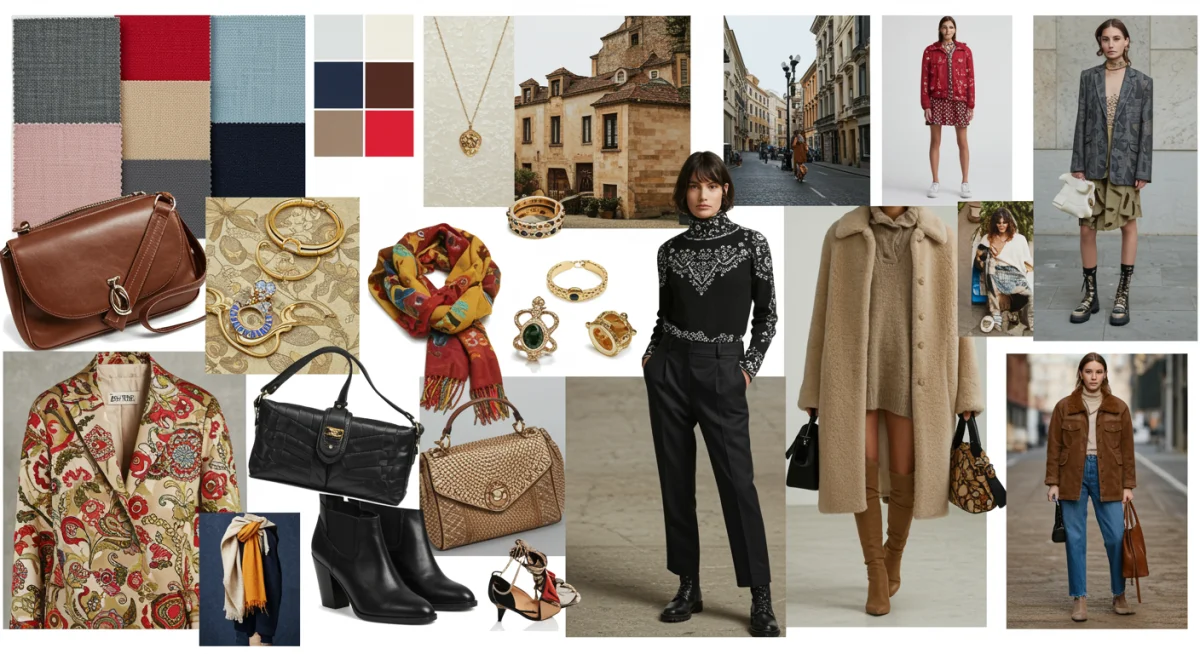 Un mood board creativo con muestras de telas, paletas de colores y accesorios, representando la inspiración para definir un estilo personal.