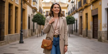 Define tu estilo personal único en España para 2025 Mujer elegante paseando por una calle vibrante de Sevilla, España, exhibiendo un estilo personal único y moderno.