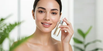 Descubre las 5 rutinas faciales más efectivas para 2025: Expertos españoles revelan secretos Mujer con piel radiante aplicando sérum, reflejando una rutina de cuidado facial.