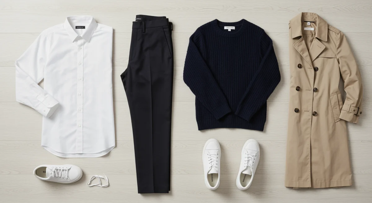 Cinco prendas básicas esenciales para un armario cápsula: camisa blanca, pantalón negro, jersey azul marino, gabardina beige y zapatillas blancas.
