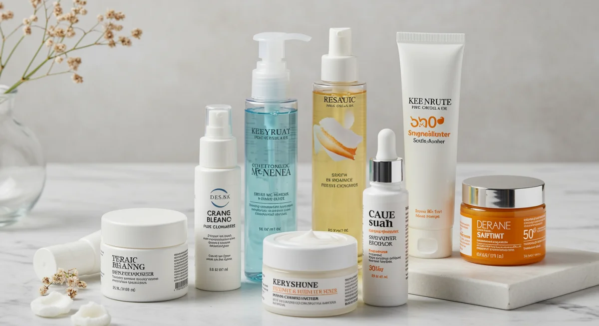 Variedad de productos esenciales para una rutina de cuidado facial completa.