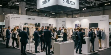 Expositores interactuando en el Salón Internacional de la Moda de Madrid (SIMM) 2025, mostrando colecciones y haciendo networking.