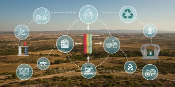 Ilustración de una cadena de suministro textil sostenible en España, destacando materiales reciclados y energía renovable.