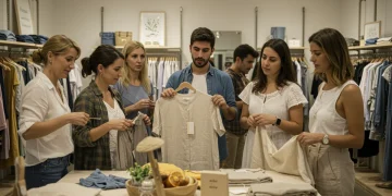 Compradores españoles explorando moda sostenible en una boutique ética.