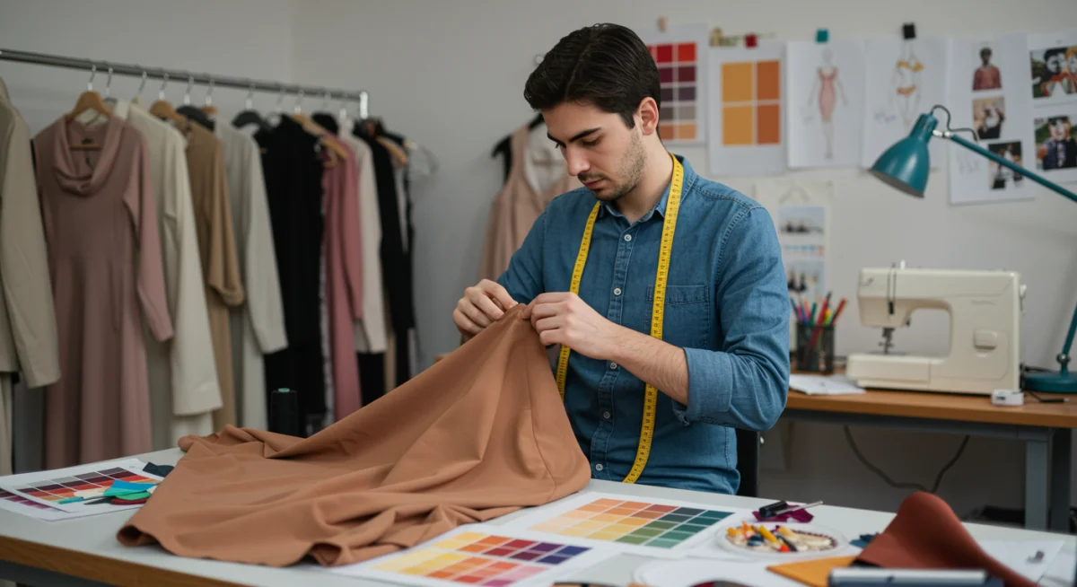 Diseñador emergente español trabajando en su estudio, mostrando dedicación y creatividad en la creación de nuevas colecciones.