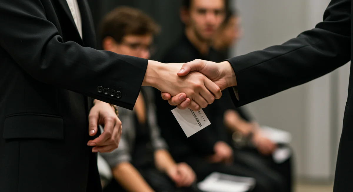 Intercambio de tarjetas y apretón de manos entre dos profesionales de la moda en la Fashion Week de España, simbolizando una conexión exitosa.