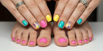 Mujer mostrando manicura y pedicura con las tendencias de primavera 2025 en un salón español.