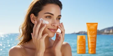 Mujer aplicando protector solar de alto SPF en la playa española, protegiendo su piel del sol de 2025.