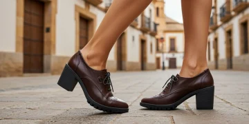 Mujer elegante paseando por una calle española con calzado esencial de moda 2025.