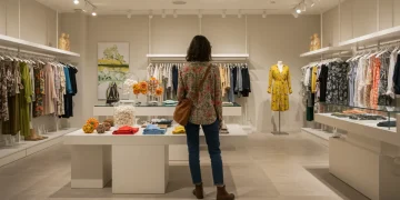 Mujer joven vistiendo moda sostenible en un entorno moderno y luminoso, simbolizando la innovación y el consumo consciente en España.