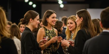 Profesionales de la moda interactuando en un evento de networking de la Fashion Week de España 2025, intercambiando tarjetas y conocimiento.