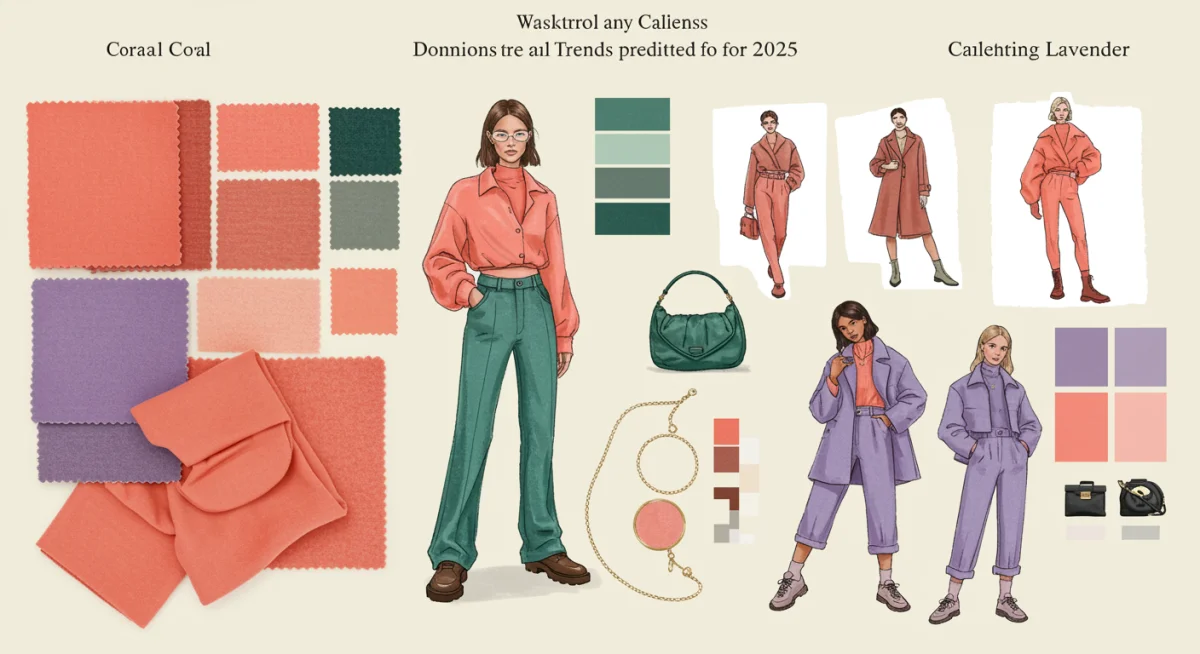 Muestra de tejidos y accesorios en los tres colores principales de tendencia para 2025, inspirando nuevas combinaciones de estilo.