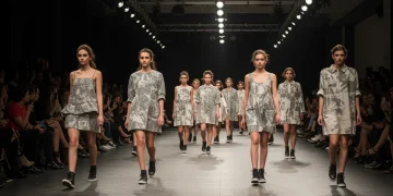 Diseñadores emergentes españoles presentando sus colecciones en una pasarela de moda vibrante para 2025, con un enfoque en la innovación y el estilo único.