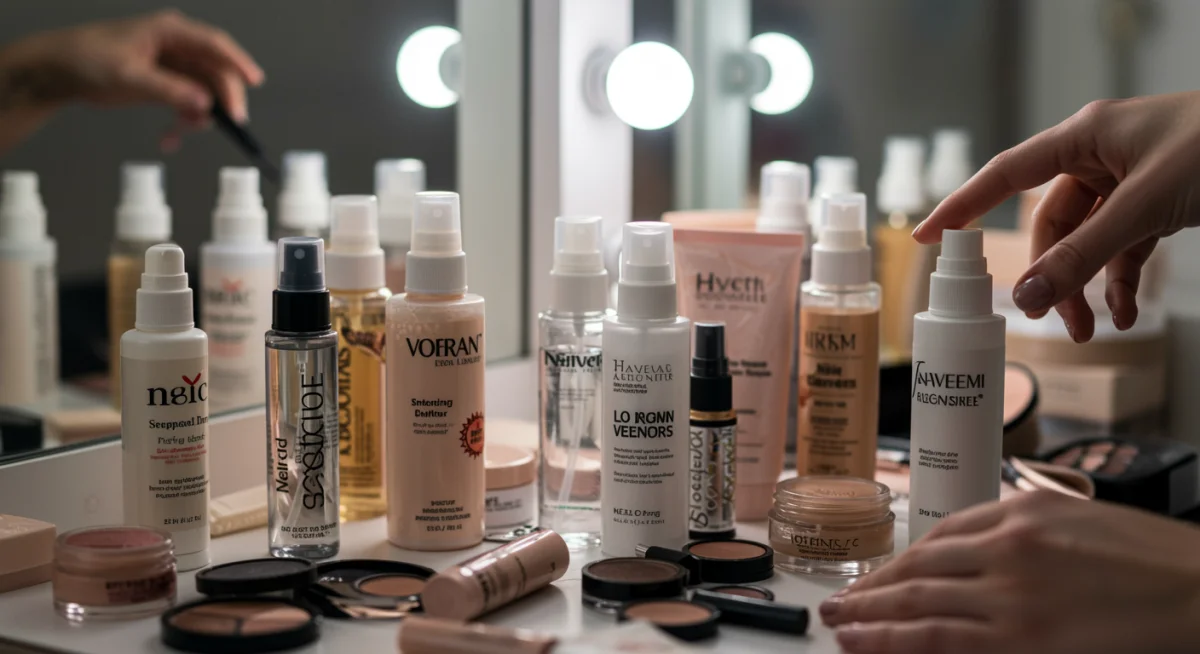 Variedad de prebases y fijadores de maquillaje esenciales para prolongar su duración.