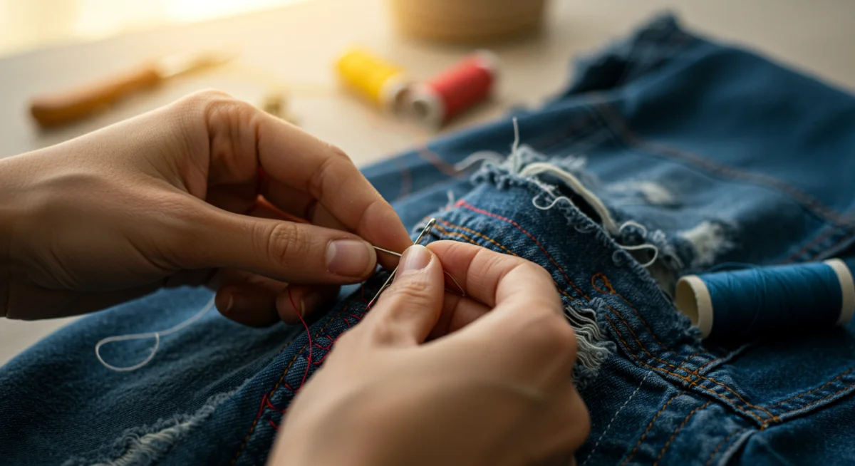 Manos reparando una prenda de ropa con costura creativa y visible.