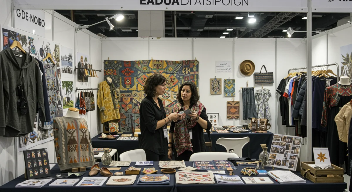 Detalle de un stand de diseñador en una feria de moda española, mostrando colecciones y la interacción con un comprador potencial.