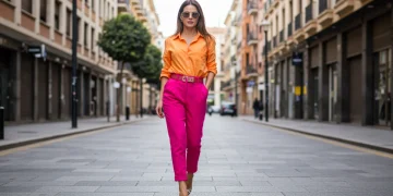 Mujer elegante vistiendo las últimas tendencias de color de 2025 en un entorno urbano español, luciendo un estilo moderno y sofisticado.