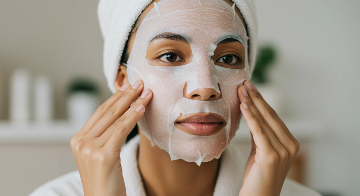 Mujer aplicando una mascarilla coreana de tela, parte esencial de la rutina de cuidado facial.