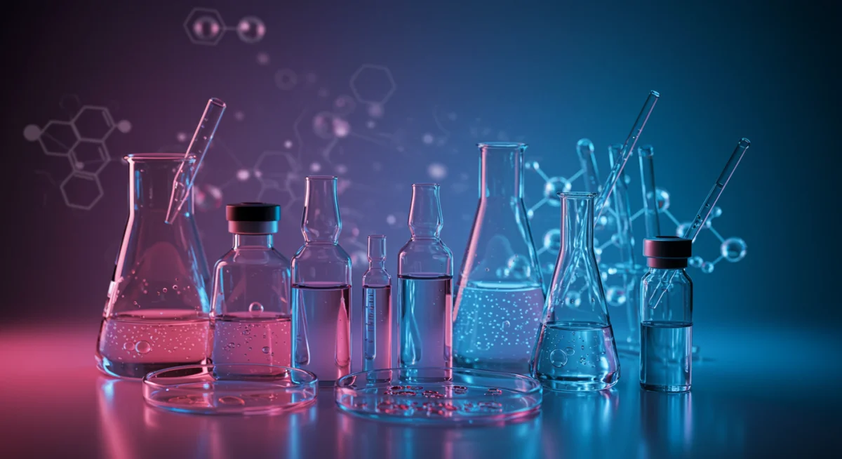 Probetas y equipo de laboratorio, simbolizando la investigación detrás de los ingredientes de belleza innovadores.