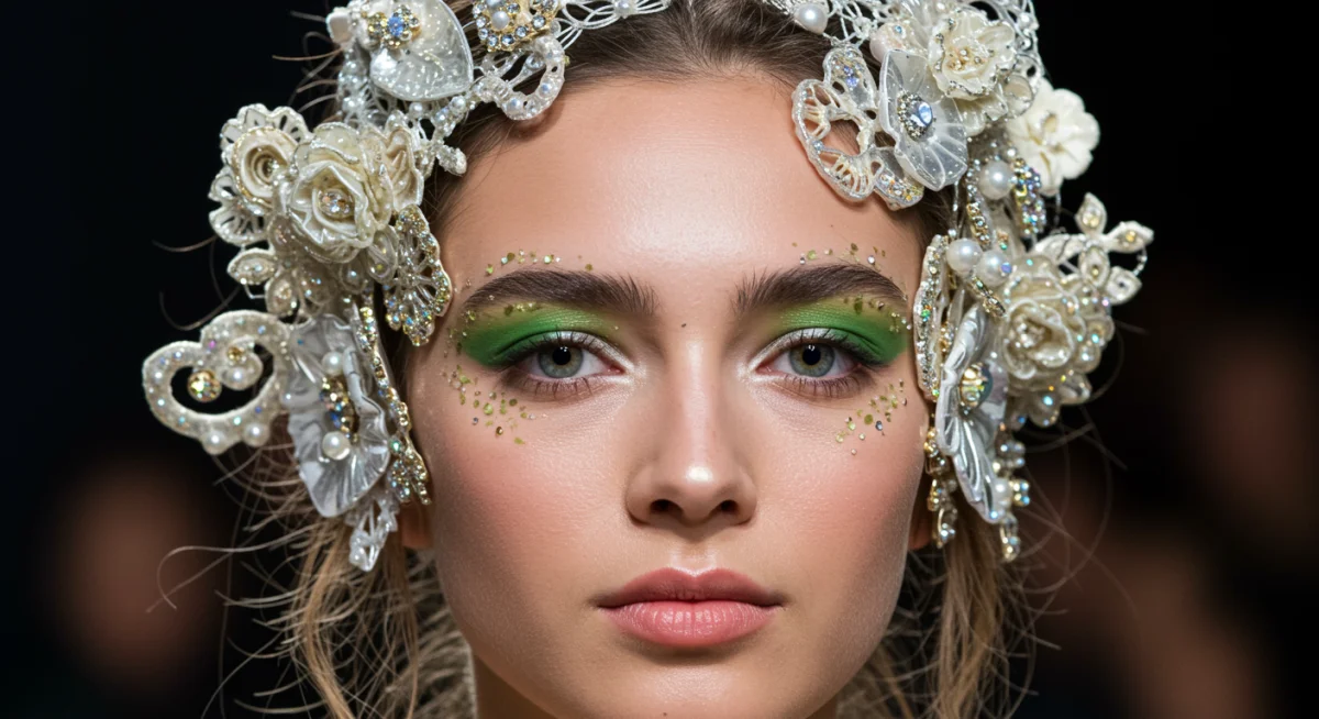 Detalle de maquillaje sostenible y accesorios para el cabello innovadores en un desfile de la Semana de la Moda de Madrid 2025, simbolizando la moda consciente.