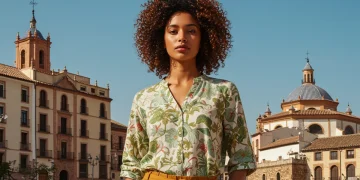 Modelo vistiendo ropa de marca española de moda sostenible en un entorno urbano-natural.