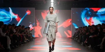 Modelo desfilando una creación vanguardista en la Semana de la Moda de Madrid 2025, destacando las tendencias de diseño y color.