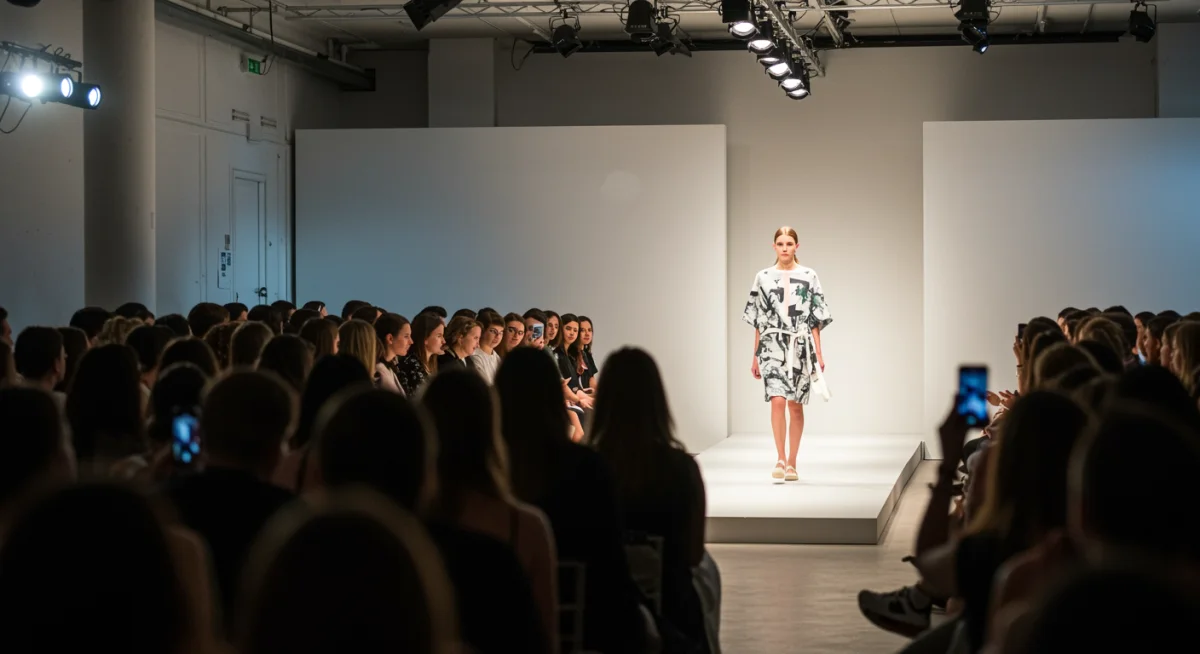 Modelo desfilando en una pasarela de moda de vanguardia en España 2026