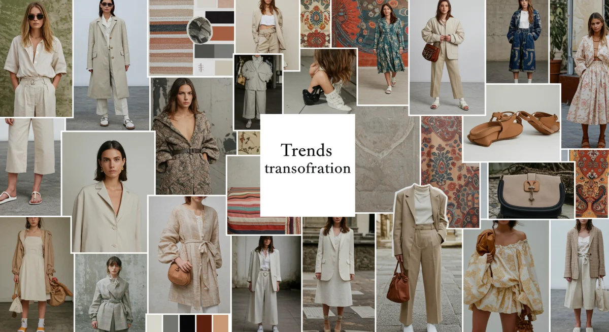 Un mood board de estilo personal con tendencias de moda de 2026, paletas de colores y texturas para inspirar la renovación de imagen en España.