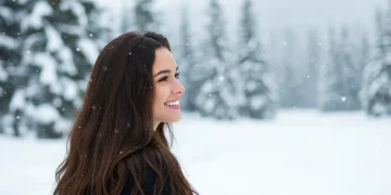 Mujer con cabello radiante en un paisaje invernal nevado, reflejando un cuidado capilar óptimo.
