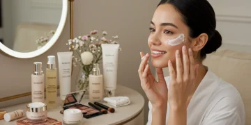 Mujer aplicando crema facial de alta gama con un 15% de descuento, simbolizando belleza accesible y cuidado premium.