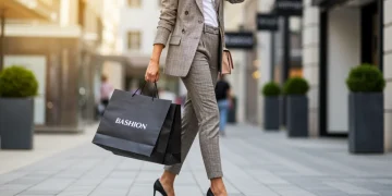 Mujer elegante con bolsa de compras en un evento de moda en España 2026