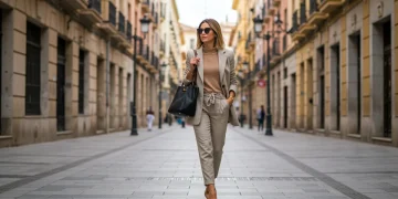 Mujer elegante en 2026, paseando por una calle urbana española, con un atuendo que evita errores de estilo comunes.