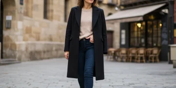 Mujer elegante con abrigo de lana y suéter de cachemira paseando por una calle adoquinada en invierno en España.