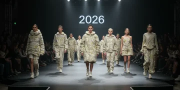 Pasarela Cibeles 2026 con modelos presentando diseños innovadores de diseñadores emergentes españoles.
