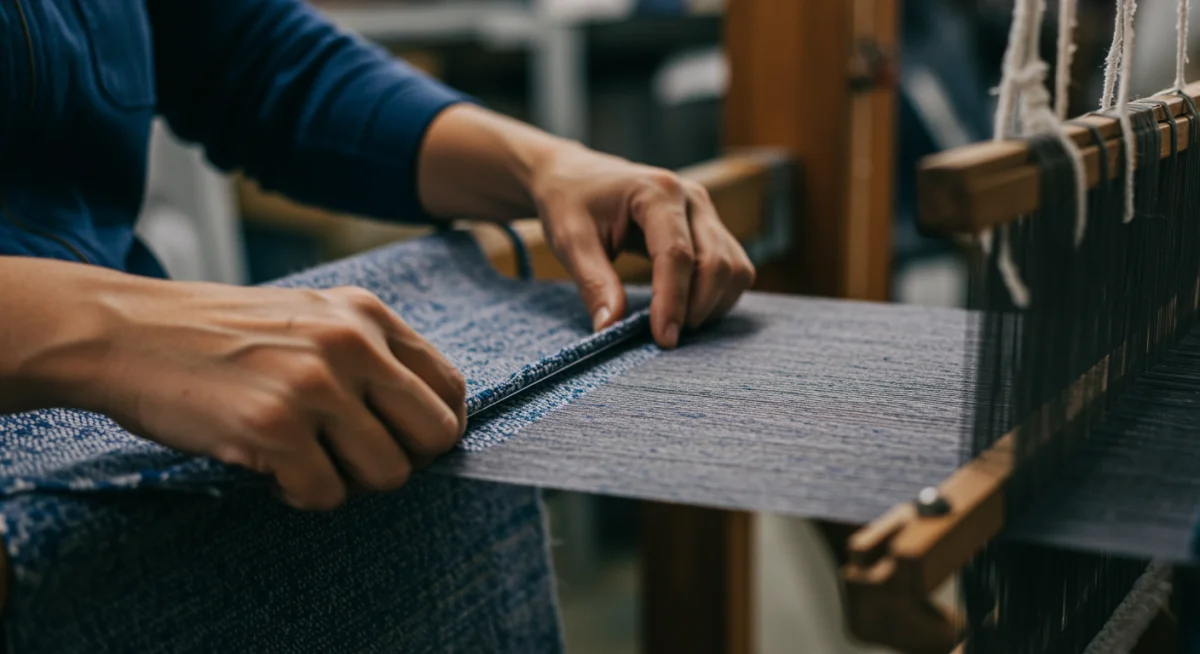 Manos de artesano trabajando tela sostenible en un telar, simbolizando la producción ética.