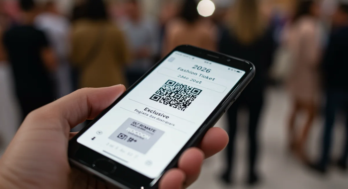 Smartphone mostrando un código QR para acceso exclusivo a ofertas en un evento de moda español.